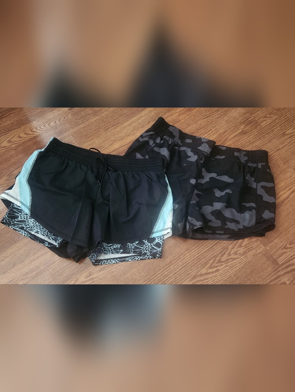 Black Athletic Shorts with Light Blue Liner and Black Camo With Black Liner